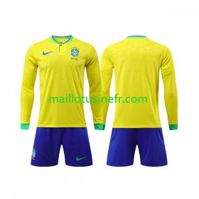 Maillot de Foot Brésil Domicile Coupe du monde 2022 Manches Longues - Enfant